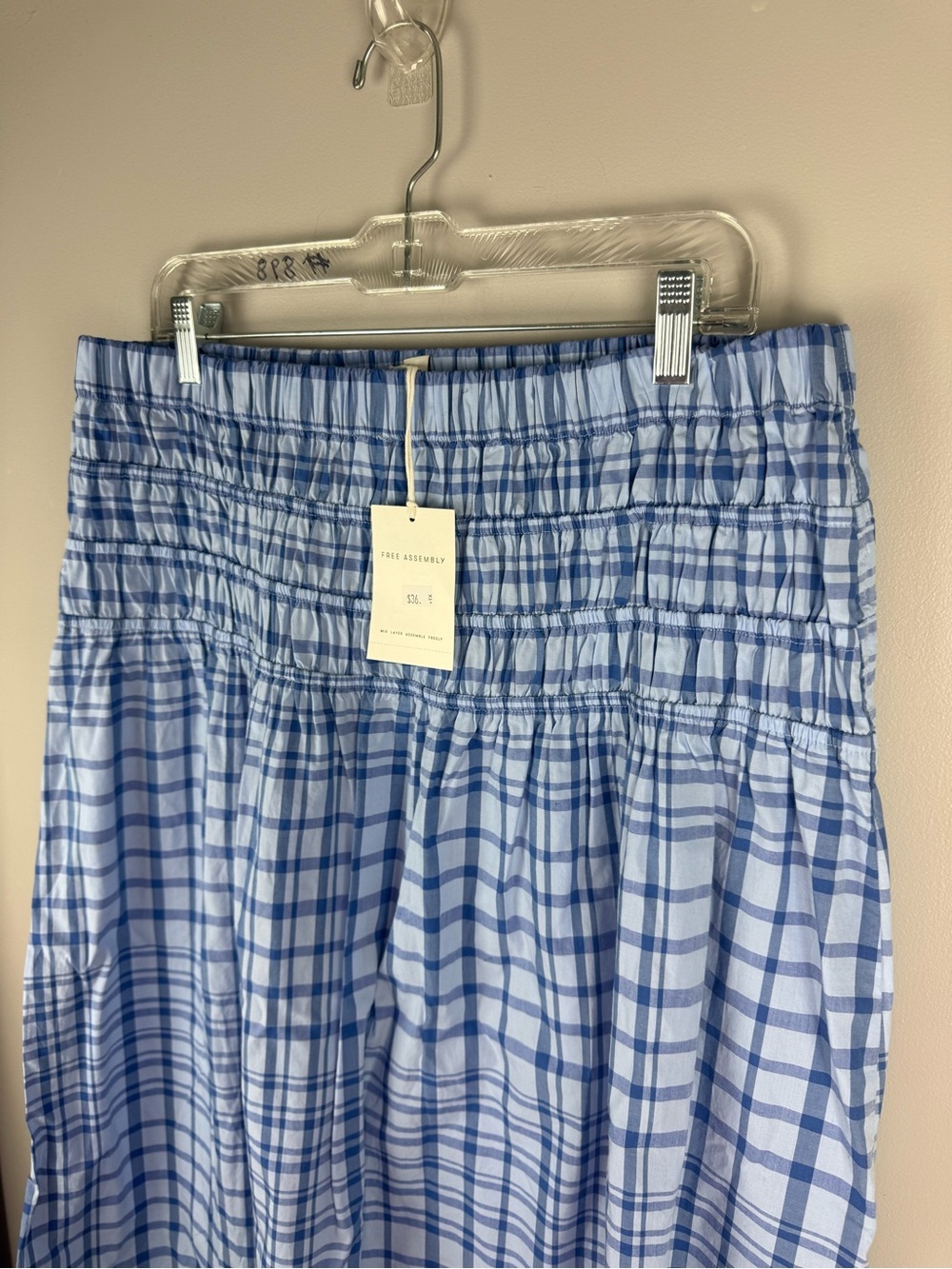 Free Assembly Women’s Blue Plaid Smocked Embroidered Maxi Skirt SZ L New Cottage
